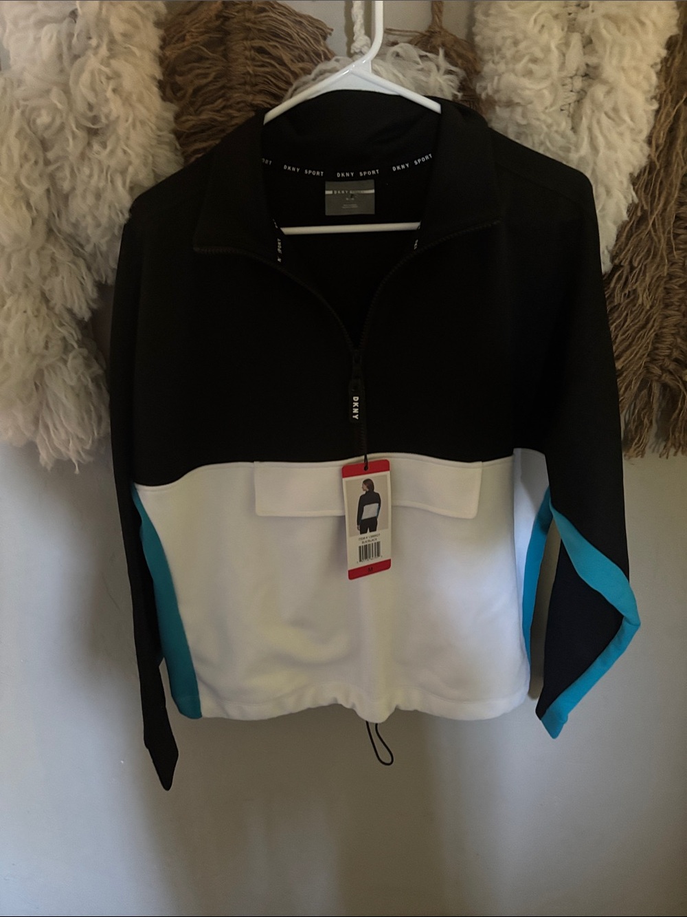 DKNY Black White Teal Colorblock Half-Zip Bomber Jacket